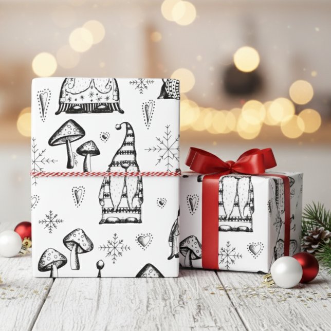 Gnomer och svampar i Julafton, originalillustratio Presentpapper (Modern Whimsical Xmas Gnomes Holiday Wrapping Paper Cute Black & White Winter Gnome Pattern for Kids)
