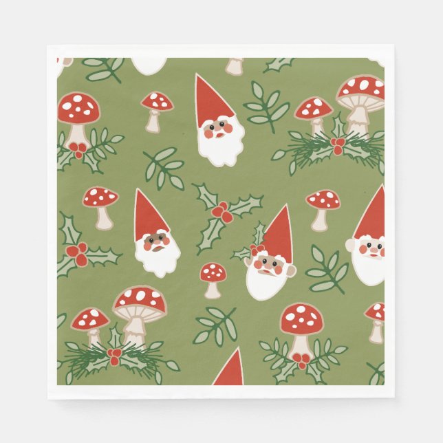 Gnomer och svampar på Grönt Woodland Helgdag Pappersservett (Framsidan)
