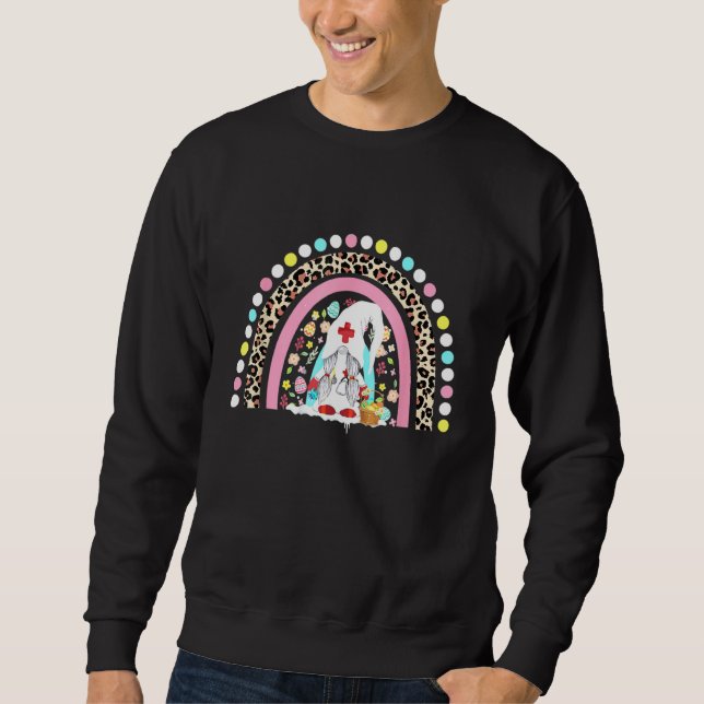 Gnomes Bunny Nurse Funny Egg Påsk Day Rainbow Lång Ärmad Tröja (Framsida)
