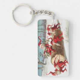 Gnomes dragging a cut tree trunk through the snow