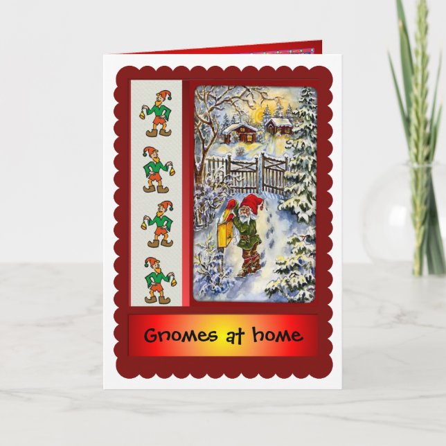 Gnomes hemma för jul helgkort (Framsida)