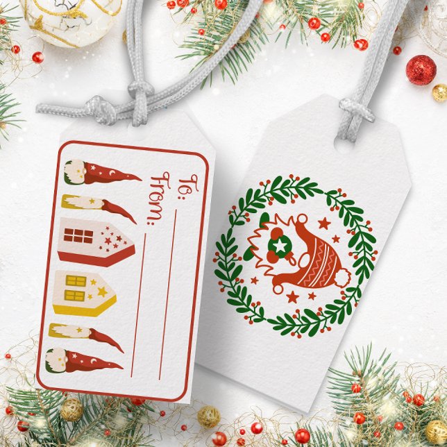 Gnomes krans och hus - julklapp märkre presentetikett (Gnomes wreath and houses - Christmas gift tag)