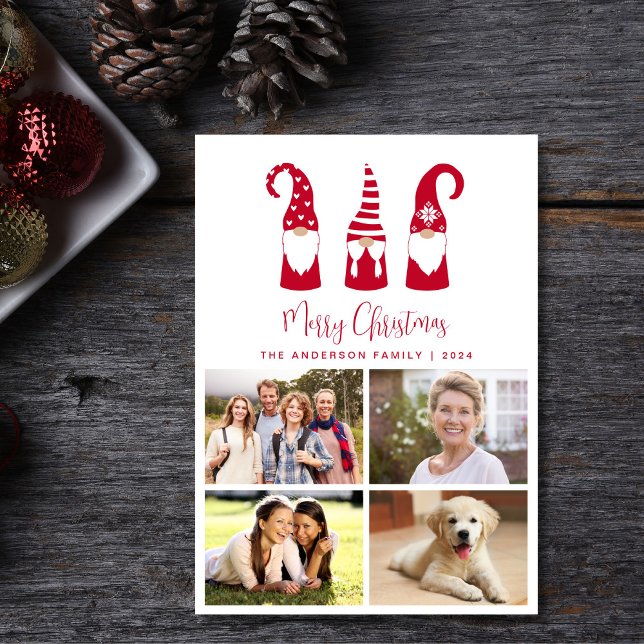 Gnomes Merry Christmas Photo Julkort (This holiday season, let your family's smiles and heartwarming memories shine on our 4 photo card)