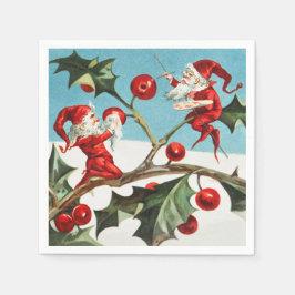 Gnomes painting holly berries in the snow pappersservett