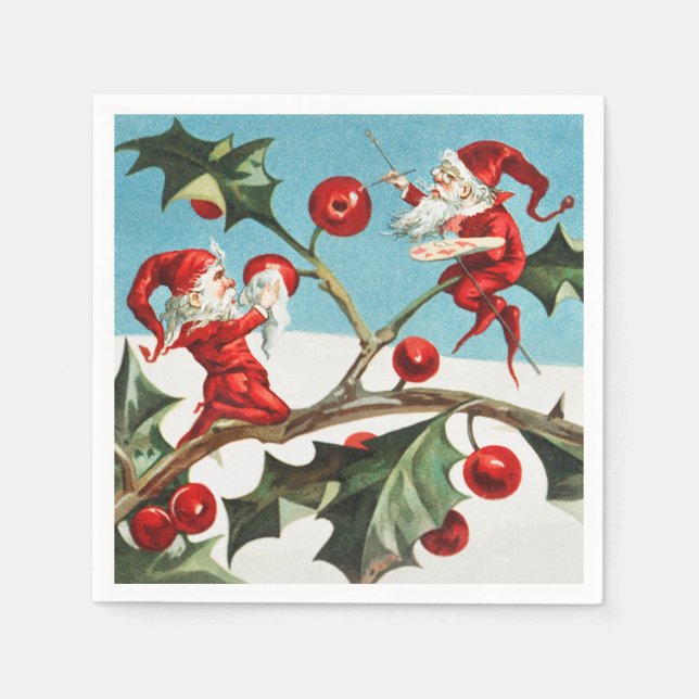 Gnomes painting holly berries in the snow pappersservett (Framsidan)
