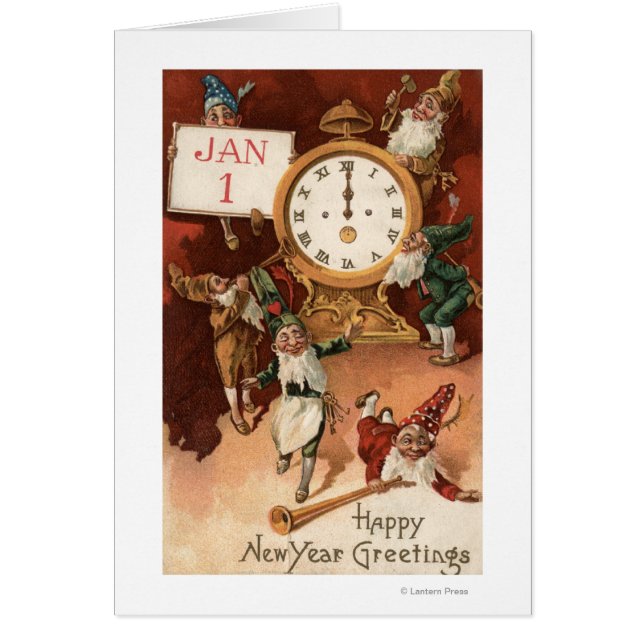 Gnomes Partying runt en klocka Hälsningskort (Framsidan)