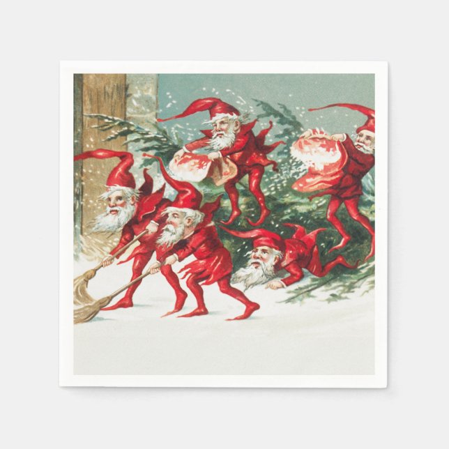 Gnomes sweeping snow with a broom pappersservett (Framsidan)