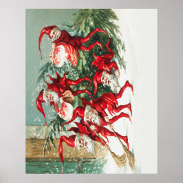 Gnomes sweeping snow with a broom poster