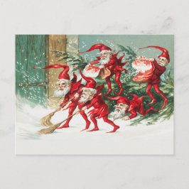 Gnomes sweeping snow with a broom vykort