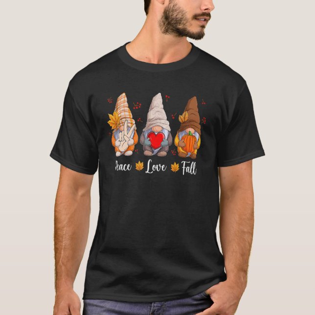 Gnomies Peace Love Fall Season  Autumn Leaves T Shirt (Framsida)