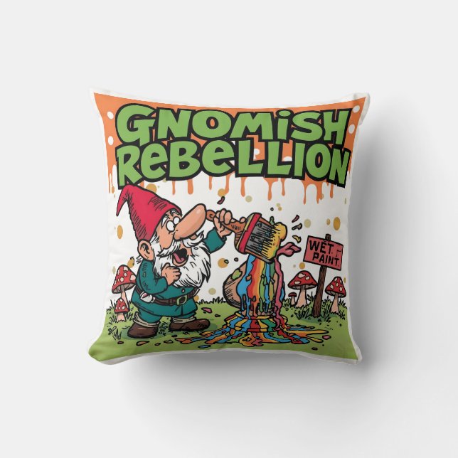 "Gnomisk Rebellion" Rolig Busig Trädgårdstomte Kudde (Framsida)