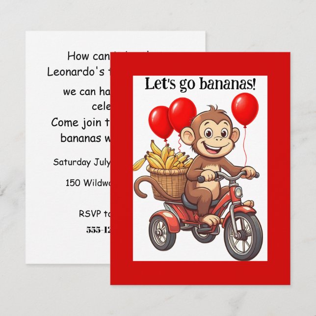 Go Bananas Födelsedag DIGITAL NEDLADDNING INBJUDAN (Fram/baksida)