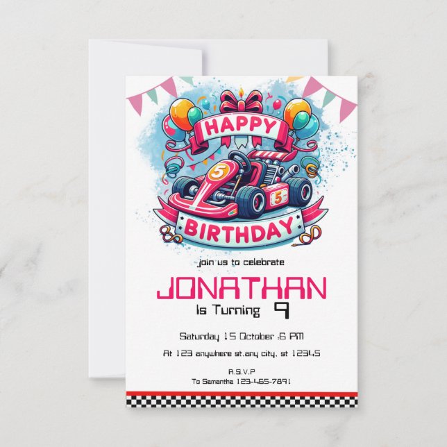 Go Kart Birthday Red Tävla Car-inbjudan Inbjudningar (Framsida)