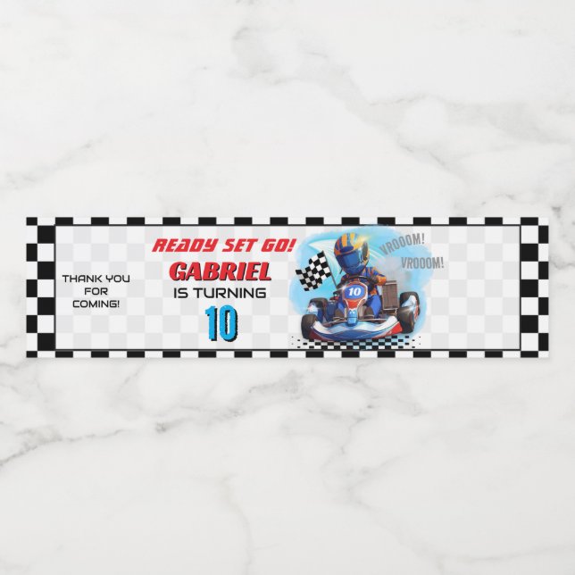 Go Kart Racing Birthday - Racing cars Vattenflaskor Etikett (Singel etikett)