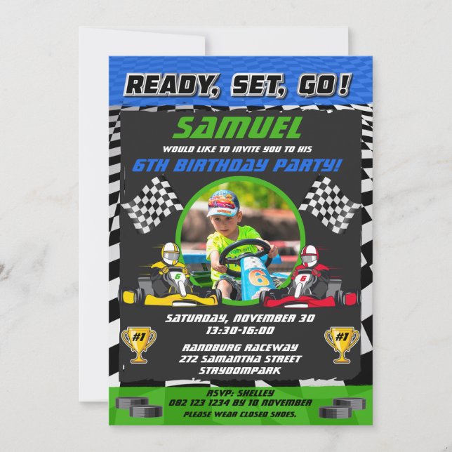 Go Kart Tävla Car Boy/Girl Födelsedagsfest Inbjudningar (Framsida)