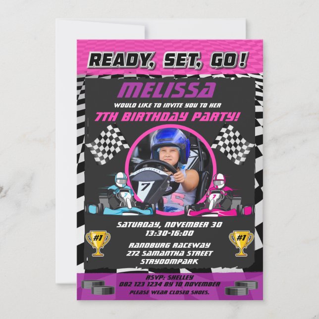 Go Kart Tävla Car Girls Photo Födelsedagsfest Inbjudningar (Framsida)