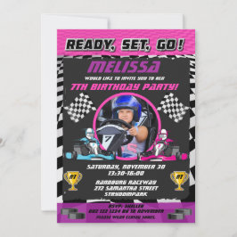 Go Kart Tävla Car Girls Photo Födelsedagsfest Inbjudningar