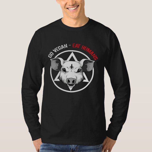 Go Vegan Eat Humans  Satanic Vegan Pig T Shirt (Framsida)