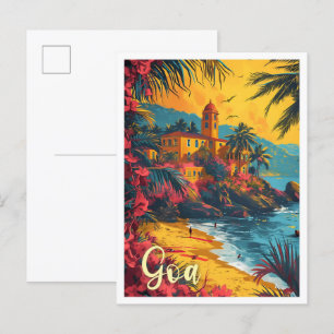 Goa Beach India Vintage Art Travel Illustration Vykort
