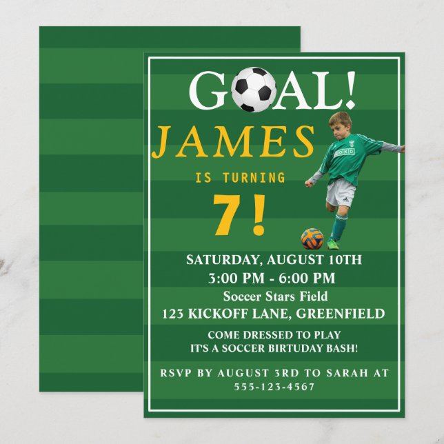 Goal! Soccer Birthday Invite for Kids – Age 7 Inbjudningar (Fram/baksida)