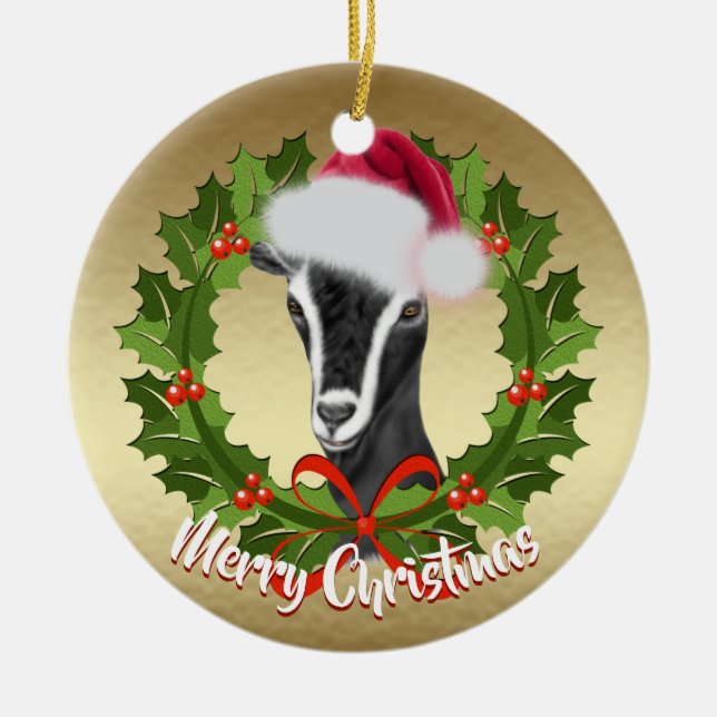 GOAT Alpine Dairy Goat Doe Santa Hat jul Julgransprydnad Keramik (Framsidan)