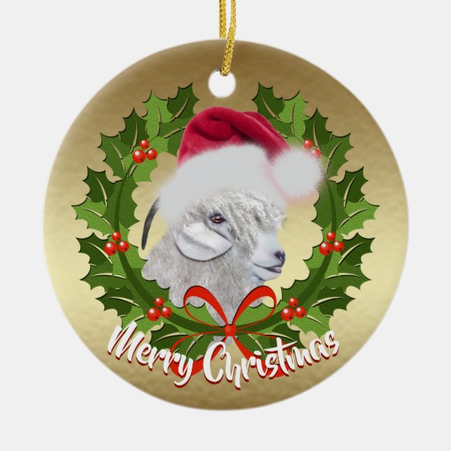 GOAT Angora Goat Doe Santa Hat jul Julgransprydnad Keramik (Framsidan)