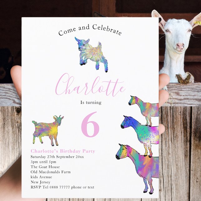 Goat barns födelsedag Party Rosa Inbjudan Vykort (Colorful Farm animal art cute goats themed 6th birthday party invitation )
