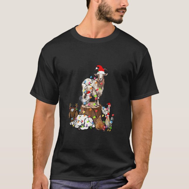 Goat Chicken Santa Hat Reindeer jul Ljus F T Shirt (Framsida)