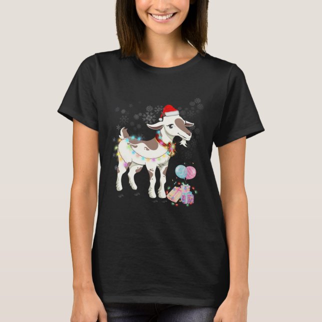 Goat Christmas Wear Santa Hat Light Matching Famil T Shirt (Framsida)