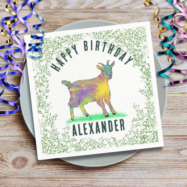 Goat Farm Animal Grattis på födelsedagen add Namn Pappersservett (Baby goat farm animal birthday party custom paper plate cute goat animal art and foliage watercolor )