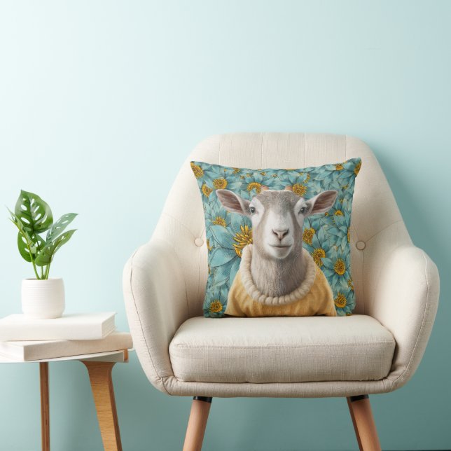 Goat Farmhouse Stil Teal and Gult Pillow Kudde (Stol)