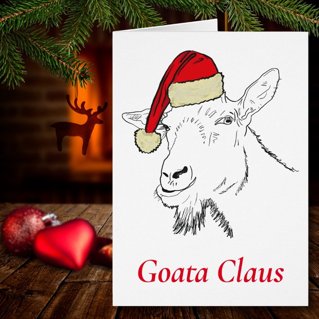 Goat Funny Santa Slogan och Teckning Hälsningskort (Christmas goat wearing a Santa hat funny Goata Claus farm animal line art holiday greetings card)
