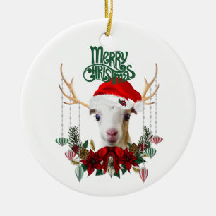 Goat God LaMancha Kid i Antlers Julgransprydnad Keramik