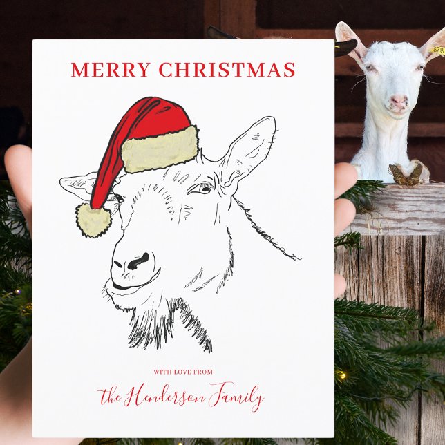 Goat med illustrationsbudget för Santa Hat Helg Vykort (Merry Christmas goat wearing a santa hat custom holiday greetings postcard simple farm animal art)