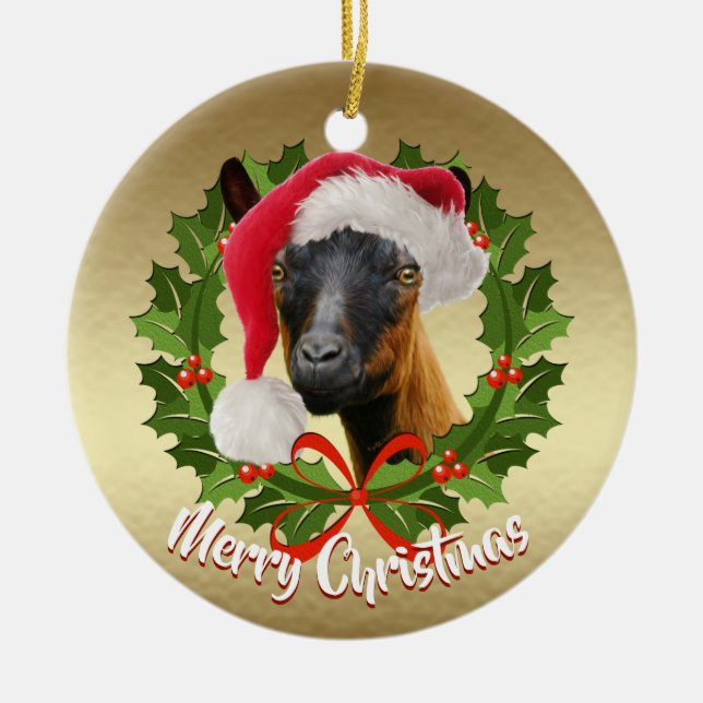 GOAT Oberhasli Dairy Goat Doe Santa Hat jul Julgransprydnad Keramik (Framsidan)