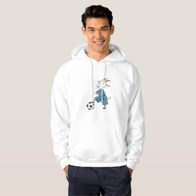 Goat playing soccer in karate kimono hoodie (Hel framsida)
