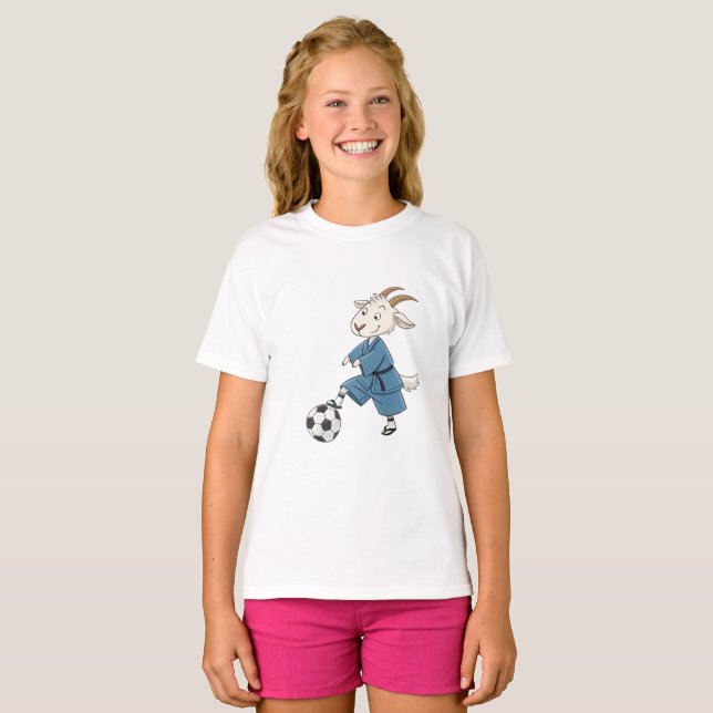 Goat playing soccer in karate kimono t shirt (Hel framsida)