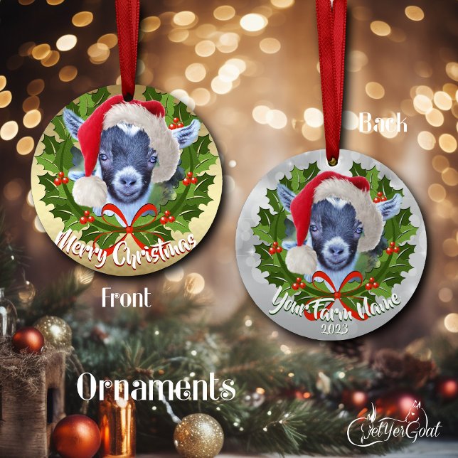GOAT Pygmy Kid Santa Hat jul Ornament (Adorable pygmy goat lover's Christmas -one side gold, the other silver - date on back  #zazzlemade)