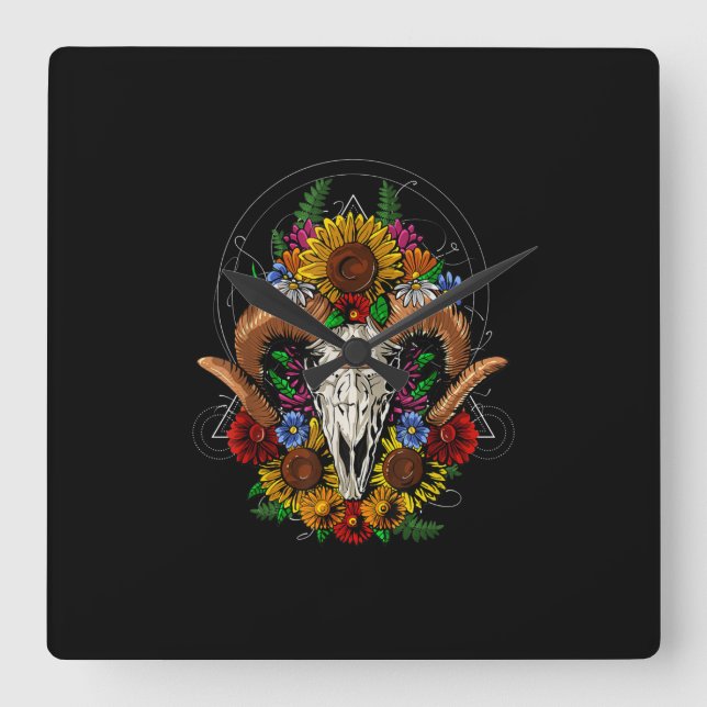 Goat Skull Psychedelic Sunblommor Fyrkantig Klocka (Framsida)