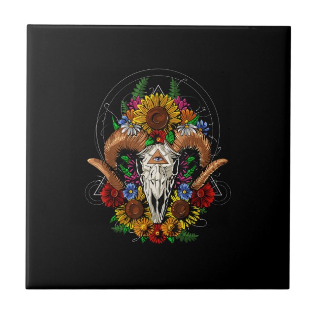 Goat Skull Psychedelic Sunblommor Kakelplatta (Framsidan)