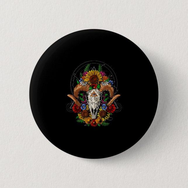 Goat Skull Psychedelic Sunblommor Knapp (Framsida)