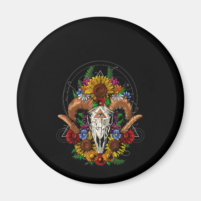 Goat Skull Psychedelic Sunblommor Magnet (Framsidan)