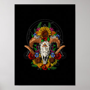 Goat Skull Psychedelic Sunblommor Poster