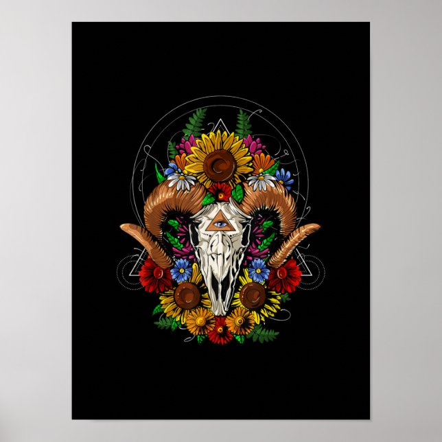Goat Skull Psychedelic Sunblommor Poster (Framsidan)