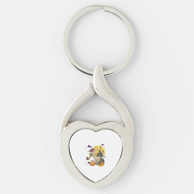 Goat Witch Broom Pumpkin Halloween Costume Twisted Heart Silverfärgad Nyckelring (Framsidan)