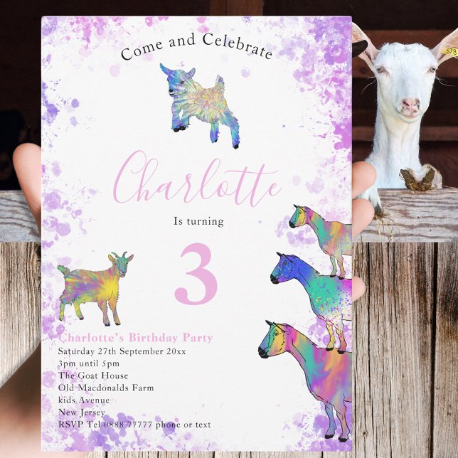 Goats Watercolor Flick kalas Rosa Inbjudningar (Cute goats colorful farm animal watercolor art 3rd birthday party invitation)