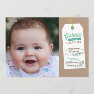 Gobble Baby Up Birth Announcement Teal Meddelande