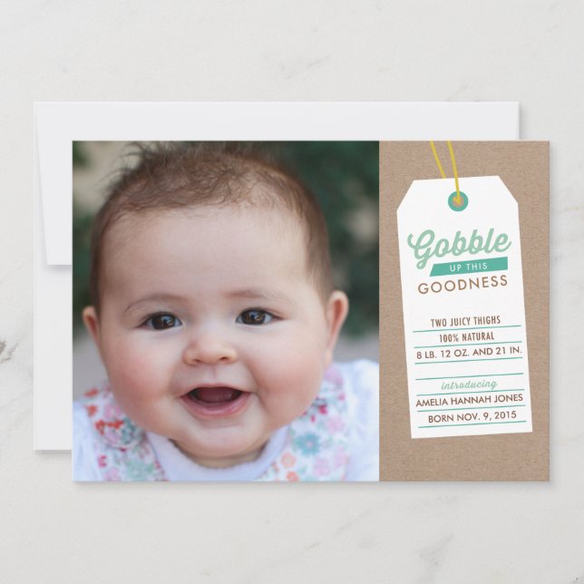 Gobble Baby Up Birth Announcement Teal Meddelande (Framsida)