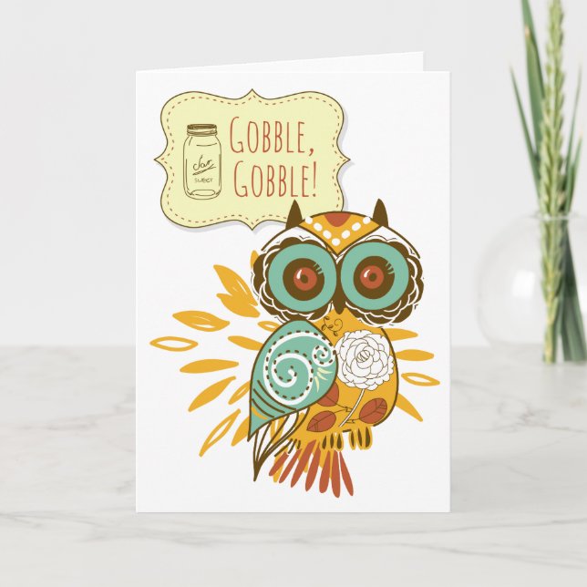 Gobble Gobble Blommigt Orange Uggla Thanksgiving Helgkort (Framsida)