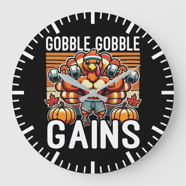 Gobble Gobble Gains - Lönt Thanksgiving Gym Stor Klocka (Framsida)